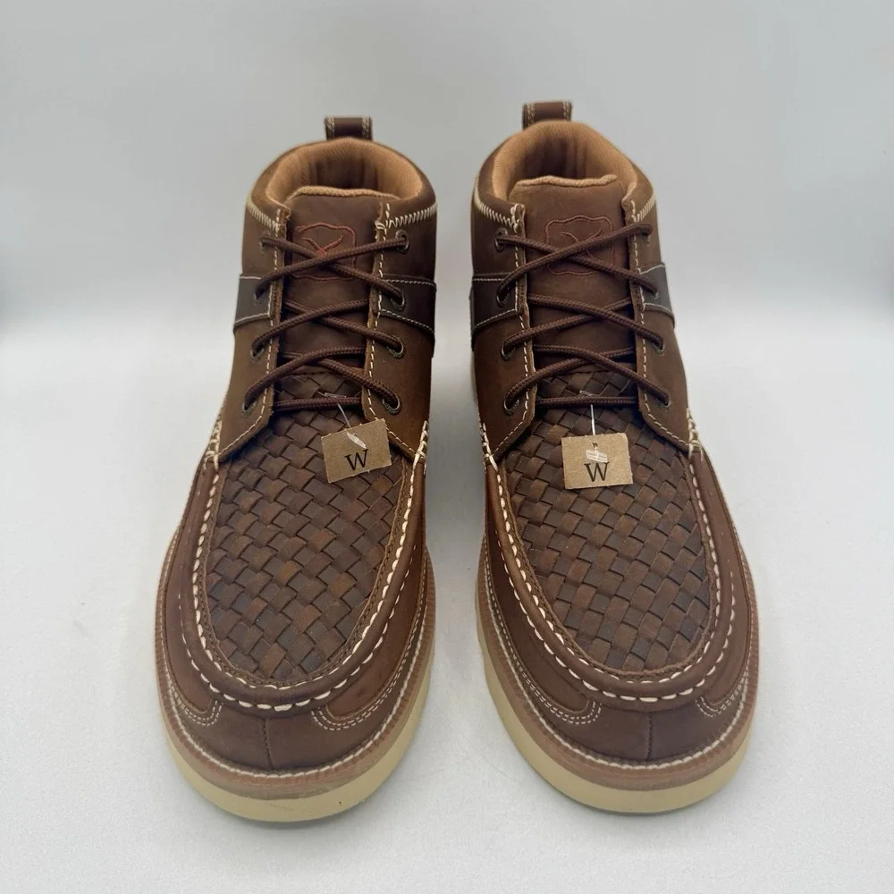 Twisted X Woven Wedge Moc Boots Men's Size 8 W Wide Brown Oiled Saddle Leather